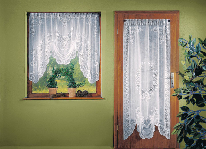 Klassiek - Raamdecoratie met roededoorgang, in Größe 022 (vitrage in M-vorm, H 100 x B 120 cm) bis 172 (Deur-store, H 180 x B 90 cm), in Farbe WIT