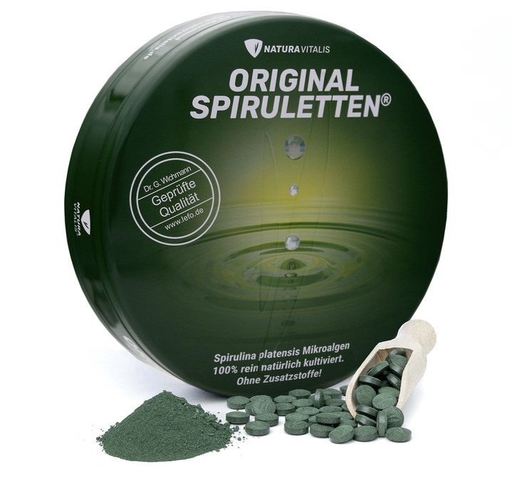 - Spirulina tabletten in Spirulettenblik, in Farbe