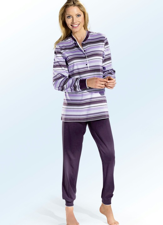 Damesondergoed - Interlock pyjama met lange mouwen, een knoopsluiting en manchetten, in Größe 036 bis 052, in Farbe SERING-MULTICOLOR Ansicht 1