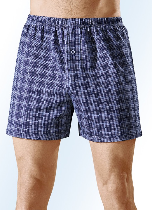 Herenondergoed - Boxershorts, pak van 4, met sluiting met knopen, bont dessin, in Größe 005 bis 016, in Farbe 2x MARINE-LICHTBLAUW, 2x ZWART-STEENGRIJS Ansicht 1