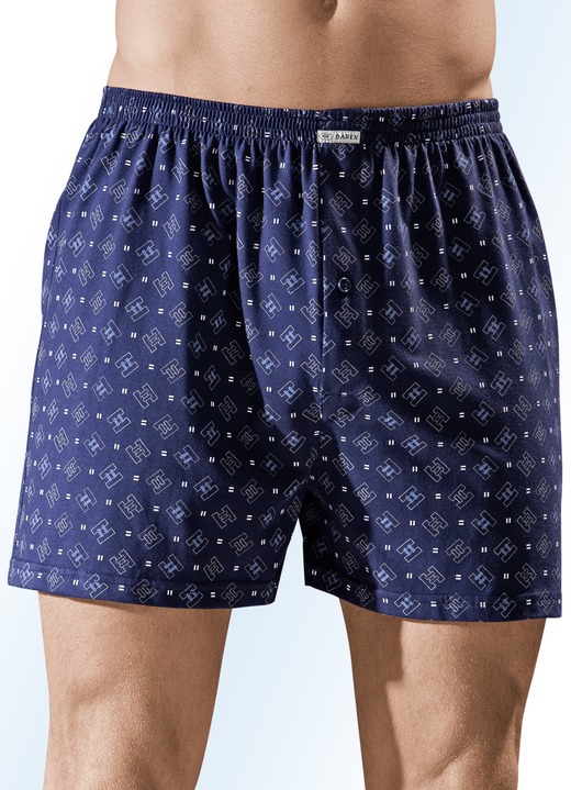 Herenondergoed - Set van vier boxershorts, met bont dessin, in Größe 004 bis 013, in Farbe 2X MARINE-MEERKLEURIG, 2X JEANSBLAUW-MEERKLEURIG