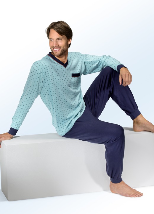 Herenondergoed - Pyjama met V-hals, borstzak en manchetten, in Größe 048 bis 066, in Farbe MARINE-TURQUOISE