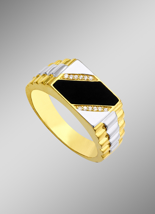 Ringen - Herenring in bicolor met zirkonia en echte onyx, in Größe 180 bis 240, in Farbe