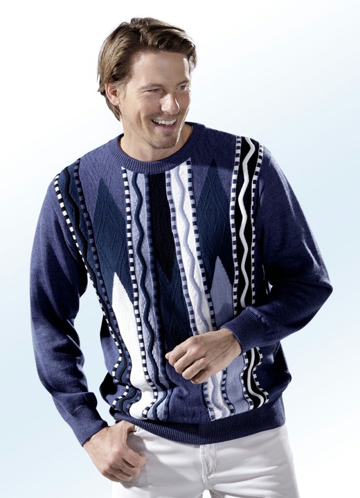 Multicolor - Pullover met opliggend intarsia-dessin, in Größe 044 bis 062, in Farbe BLAUW GEMÊLEERD-PETROL-WIT-NACHTBLAUW