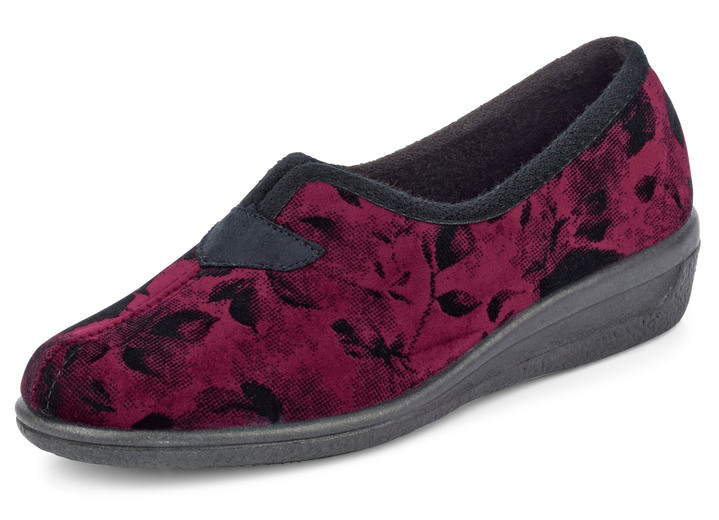 Huisschoenen - Fluwelen pantoffels met bloemenprint, in Größe 036 bis 042, in Farbe GRANAATROOD Ansicht 1