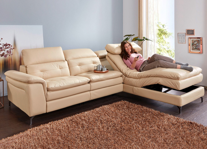 Hoekbankstellen - Met leer beklede hoek met relaxfunctie, in Farbe BEIGE Ansicht 1