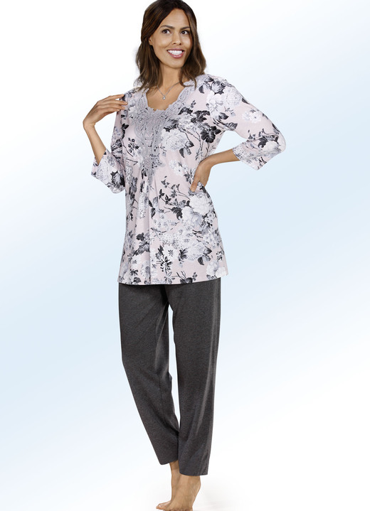 Damesondergoed - Pyjama met kant en lange broek, in Größe 036 bis 054, in Farbe ROZE-ANTRACIET