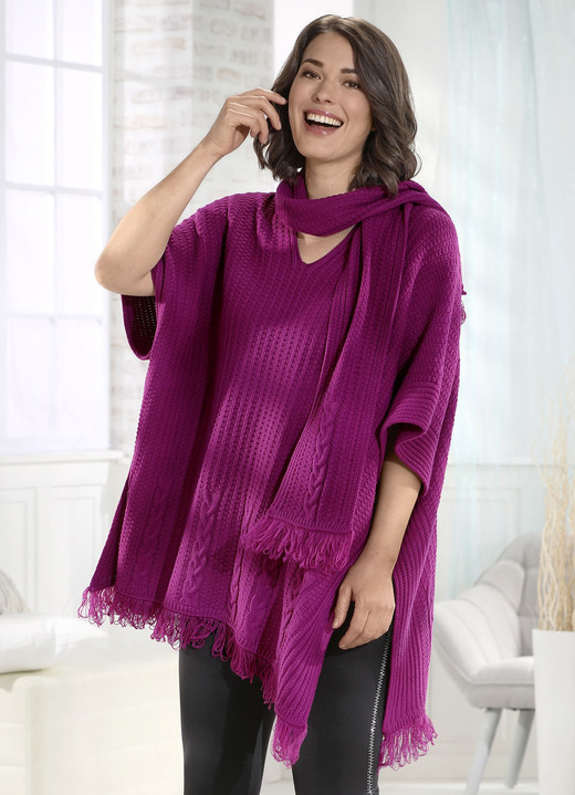 Truien & vesten - Gebreide poncho met aangehechte sjaal, in Größe 3XL (56/58) bis XXL(52/54), in Farbe FUCHSIA