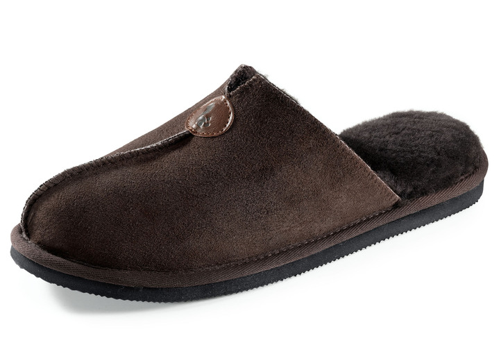 Huisschoenen - Pantoffels van elegant dubbelzijdig schapenvacht, in Größe 040 bis 046, in Farbe DONKERBRUIN Ansicht 1