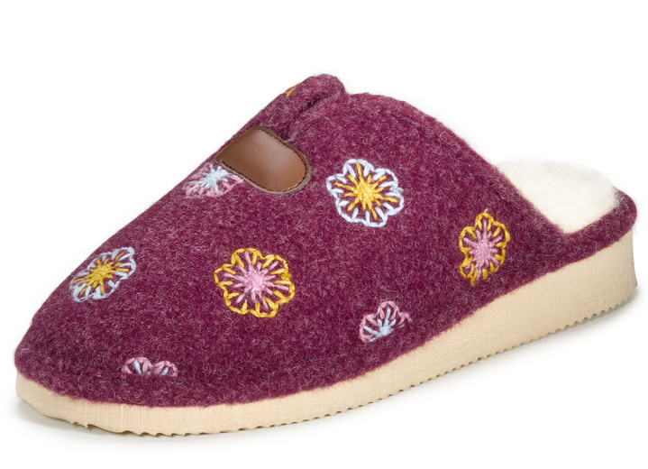 Huisschoenen - Laurina vilten pantoffels met schattig bloemenborduursel, in Größe 036 bis 042, in Farbe BORDEAUX