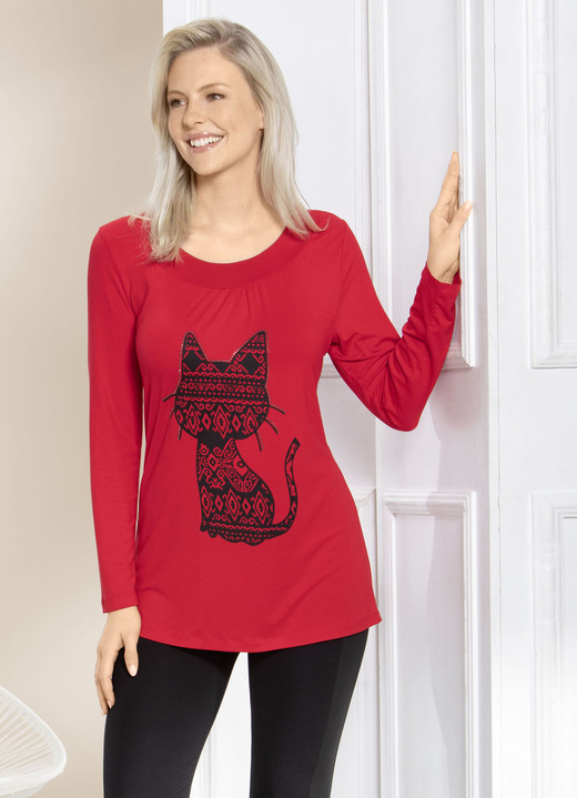 Shirts - Shirt met kattenmotief in 2 kleuren, in Größe 038 bis 056, in Farbe ROOD Ansicht 1