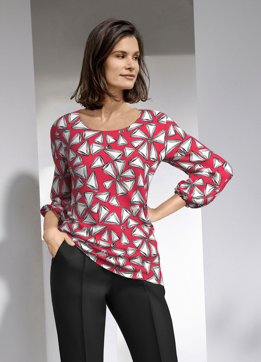 3/4-mouw - Shirt met felgekleurde print, in Größe 036 bis 052, in Farbe ROOD-WIT-ZWART