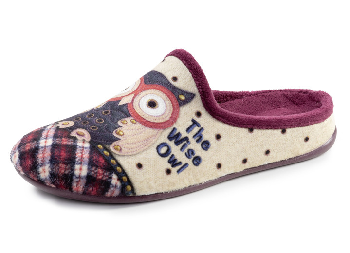 Huisschoenen - Laurina pantoffels met een schattig uilenmotief, in Größe 036 bis 042, in Farbe ECRU-MEERKLEURIG Ansicht 1