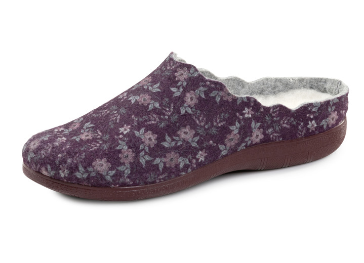 Huisschoenen - Laurina pantoffels gemaakt van vilt met bloemenprint, in Größe 036 bis 042, in Farbe AUBERGINE Ansicht 1