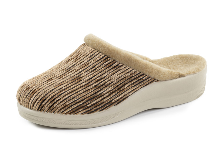 Huisschoenen - Laurina pantoffels van iriserend corduroy materiaal met vilten bies, in Größe 036 bis 041, in Farbe CAMEL Ansicht 1